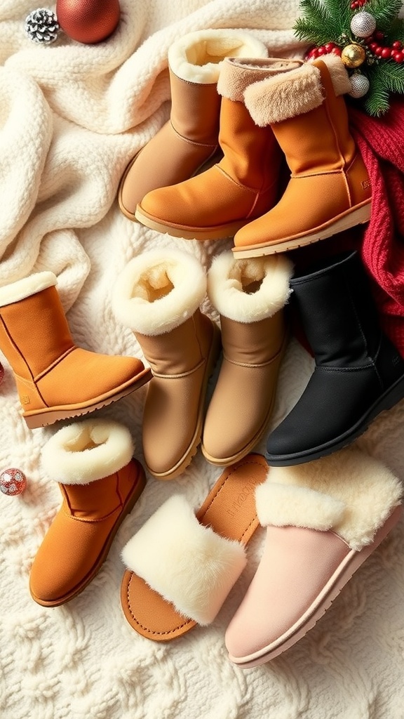 A collection of UGG boots in different styles and colors on a winter-themed background.